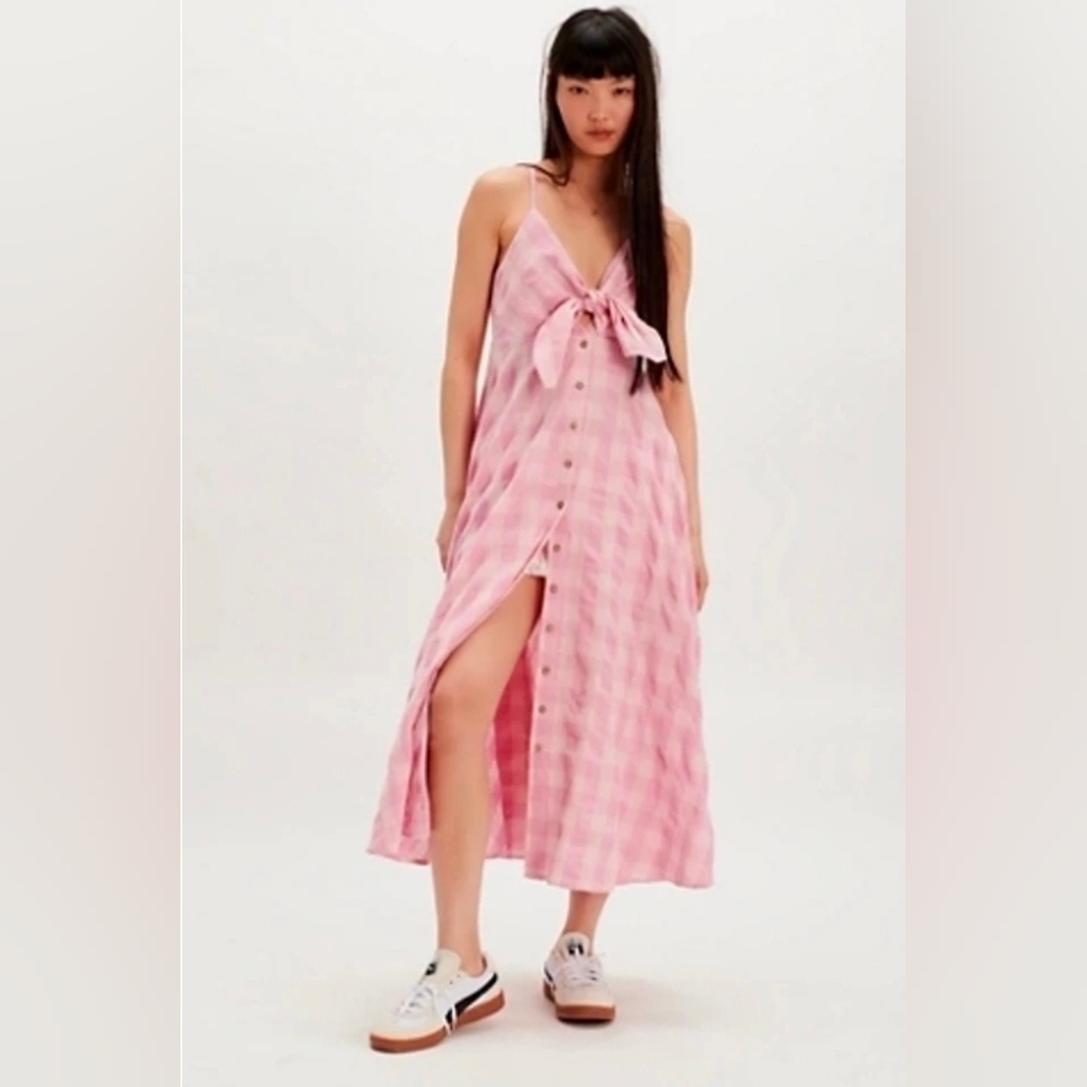 Free People Pink Plaid Via midi Dress size medium NWT sleeveless flowy fit